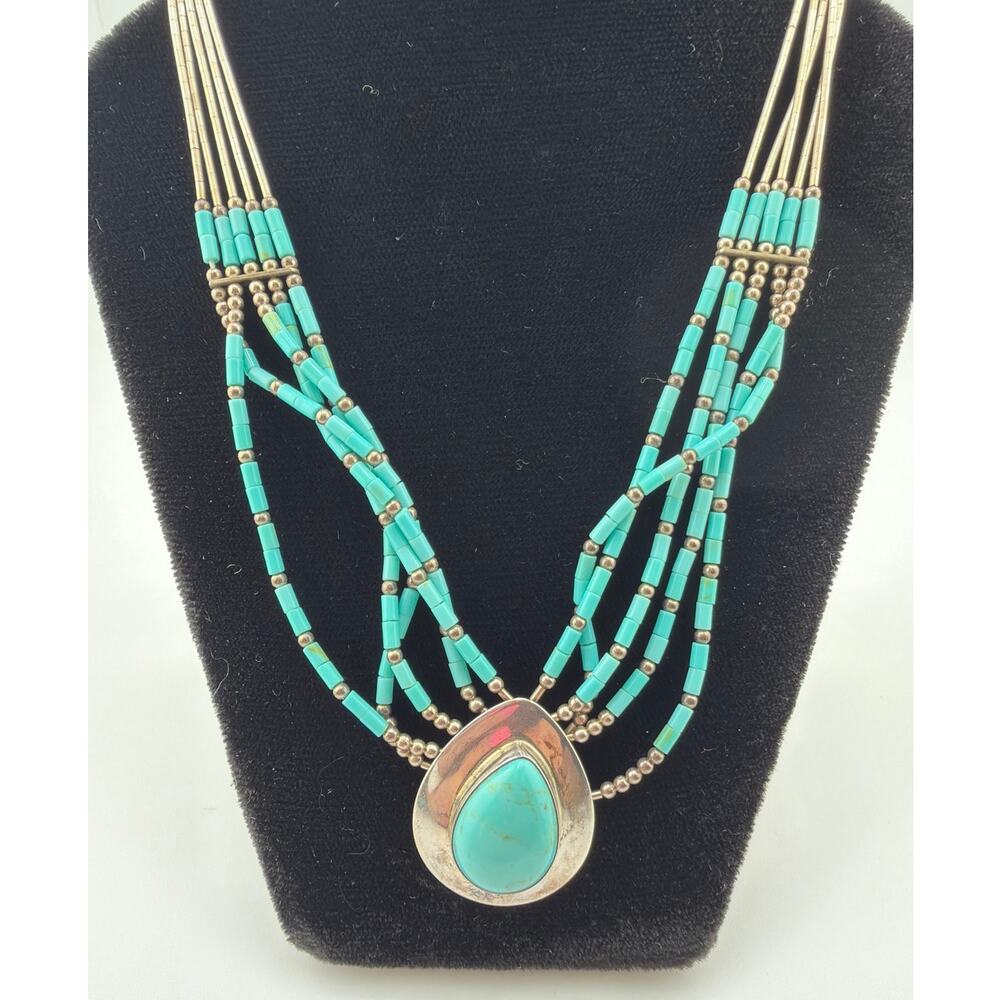 Vintage Liquid Silver Multi Strand Turquoise Necklace - Picture 1 of 4